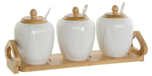 DKD Home Decor Azucarero Blanco Natural Bambú Porcelana 31 x 9 x 7 cm 4 Piezas