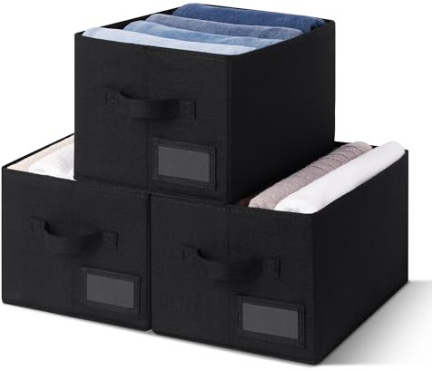 GRANNY SAYS Aufbewahrungsboxen aus Stoff, 3er-Pack Stoffkisten, Schwarz Aufbewahrungskörbe, Faltbare Stoffboxen, Wardrobe Storage Boxes, Faltboxen Kleiderschrank für Kleidung, Regalboxen