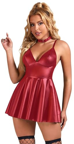 ohmydear Läderklänning damer sexig kort babydoll läder underkläder damer A-linje klubbkläder sexig outfit för kvinnor curvy underkläder PU-läder klänning för fest, röd, XL