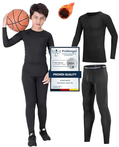 Maillot de corps thermique à manches longues et leggings de compression pour enfants, pour le sport, le football, le basket-ball, le ski, Noir , 14-15 Years / SIZE 32