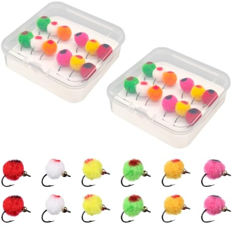 Fliegenfischen Fliegen Set, 24 Stück Forellen- und Lachseier Fliegen Köder, Leuchtende Insekten Eier, Schwimmender Fliegenköder mit Aufbewahrungsbox zum Barsch-, Forellen- und Lachsangeln