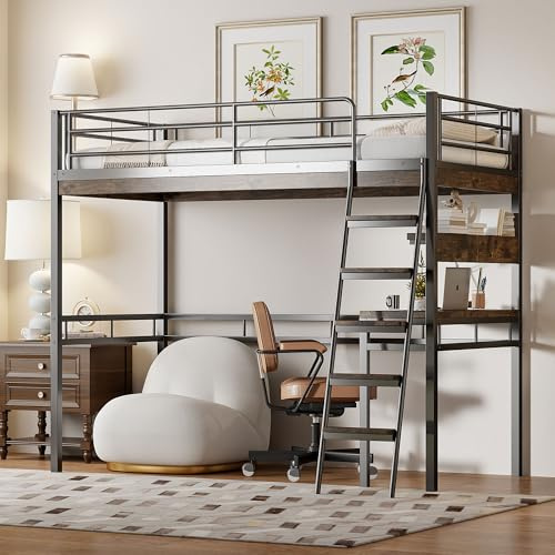 Moimhear Cama alta de 90 x 200 cm, sin colchón, cama con escritorio, estantes, barandilla, escalera, estructura de hierro, color negro