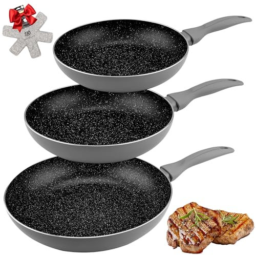 KARL HAUSMANN Lot de Poêles Induction 18+22+26 cm - Set de Poele Granit Antiadhésives pour Tous Types de Cuisinières - Poele Sans Teflon et Sans PFAS - Aluminium Léger - Poêle à Frire Anti adhesive