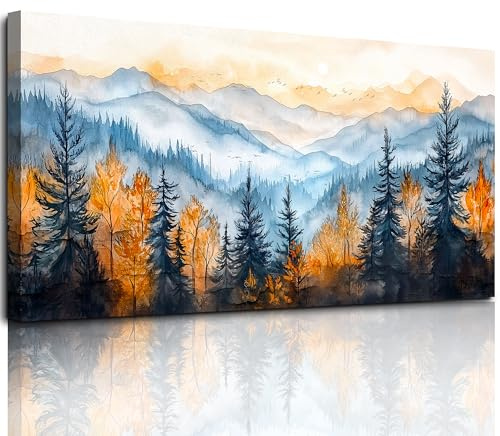 hyidecorart Grandes Cuadros Decoracion Salon Modernos, 73x146 cm XXL Lienzos Decorativos Pared Dormitorios, Laminas Decorativas Pared Bosque de Acuarela Azul y Dorado, Wall Art Comedor Oficina Pasillo