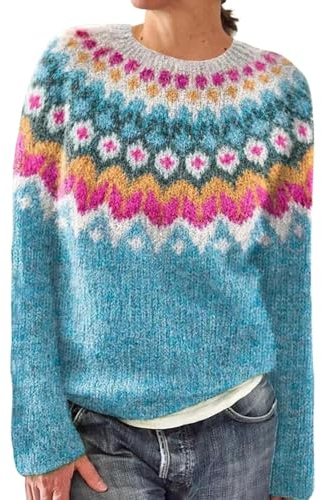 Fairisle Womens Jumpers New Icelandic Sweaters for Women Uk Soft Lightweight Nordic Tunic Tops Crewneck Sweater Autumn Winter Warm Pullover Vintage Isle Print Jacquard Knitwear Plus Size Sweatshirt