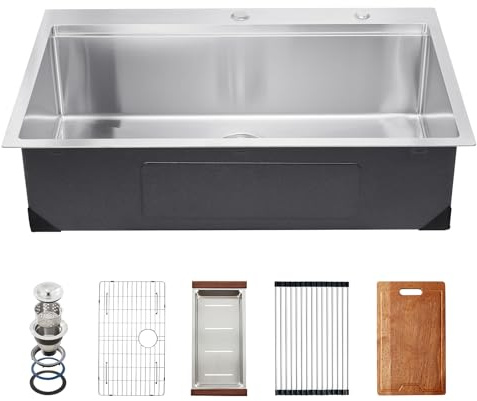 VEVOR Drop In Kitchen Sink 33 Inch Kitchen Sink Workstation, 304 Stainless Steel Top Mount Sinks, Drop-In Single Bowl with Ledge & Multiple Accessories Sink for RV, Prep Kitchen, Bar 33 x 22 x 9inch