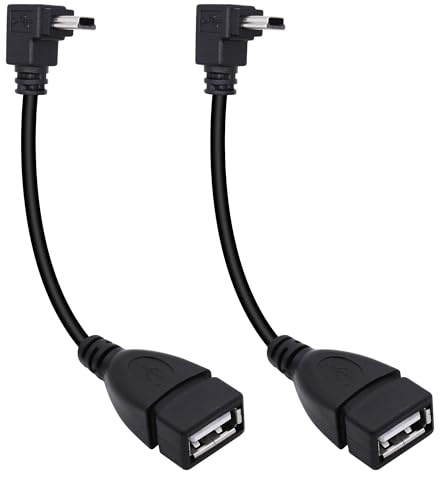 Xilaghy Cable adaptador mini USB a USB A OTG de 90 grados, ángulo ascendente, mini USB de 5 pines tipo B macho a USB tipo A hembra, cable adaptador para cámaras digitales, negro, 14 cm (2 unidades