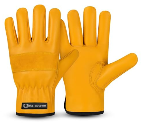 WESTWOOD FOX Guanti da giardinaggio in pelle per uomo e donna, guanti da lavoro di sicurezza in pelle resistente, guanti protettivi per lavori pesanti, Guanti da giardino antispina (GIALLO, L)
