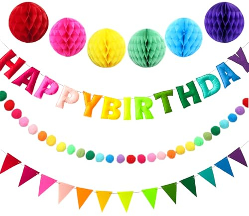 Reusable Happy Birthday Banner - Felt Fabric Banner Ball Garland - Happys Birthdays Garland, Handmade Felt Letters & Balls Personalized Sign for Birthday Party Decorations (Rainbow)