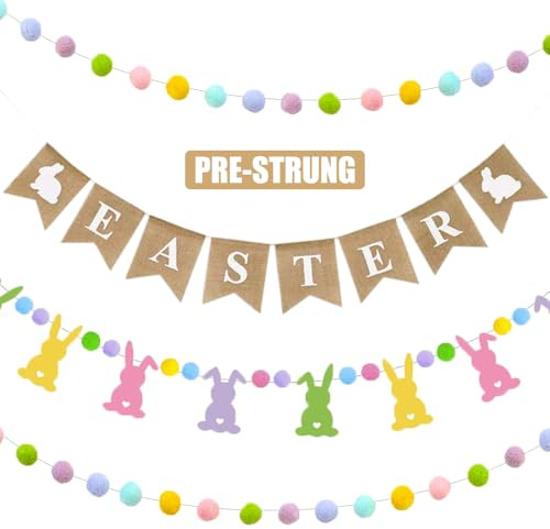 Youchicnow Easter Banner, 4 Pcs Easter Natural Burlap Bunting Pennant and Cute Felt Bunny with Colorful Pom Pom Ball Garland Photo Props Spring Party Hanging Decor for Home Mantel Office Classroom
