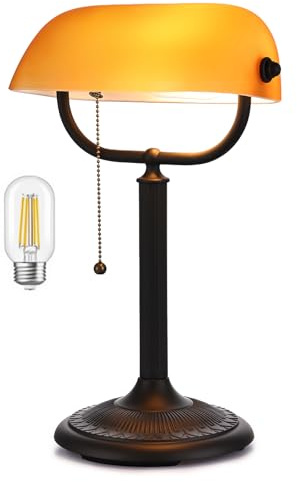 Newrays lampe de bureau de banquier avec abat-jour en verre ambré mats antique à changement rapide en 1 minute, luminaire à brancher pour étude, bureau, bibliothèque, ampoule LED incluse