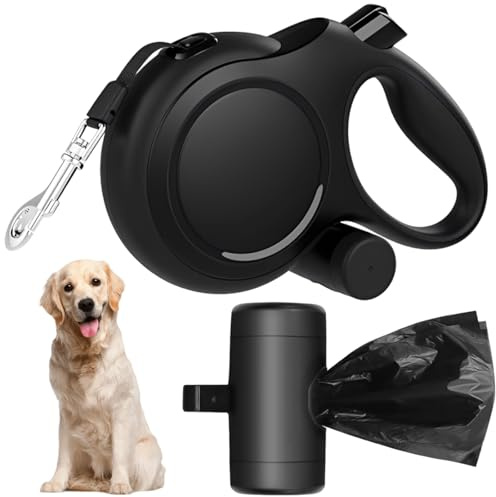 Extendable Dog Lead, Retractable Dog Lead 10 Metre, Heavy Duty Dog Lead for Medium and Large Dogs, 5 Metre Length with Waste Bag Dispenser, Outdoor Walking and Training Control