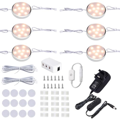 LED under skåp belysningsarmatur, 6-pack trådbundna länkbara puck lampor med touch-dimmer, Plug in under diskljus för Curio Bar, kök, skåp, bokhylla, garderobsmöbler (2700 K varmvit)