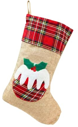 SHATCHI 45cm Large Christmas Pudding Xmas Stocking, Burlap Hessian Linen Hanging Sack Sock with Traditional Printed Design, Reusable Fireplace Stocking for Sweets, Toys and Festive Home Decorations