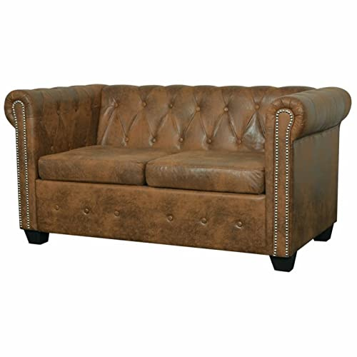 Mogou Chesterfield Soffa, 2-sitsig, dagsäng, soffa med sovfunktion, bäddsoffa, vardagsrumssoffa, bäddsoffa, stora soffor, cauchsoffa, konstläder brun