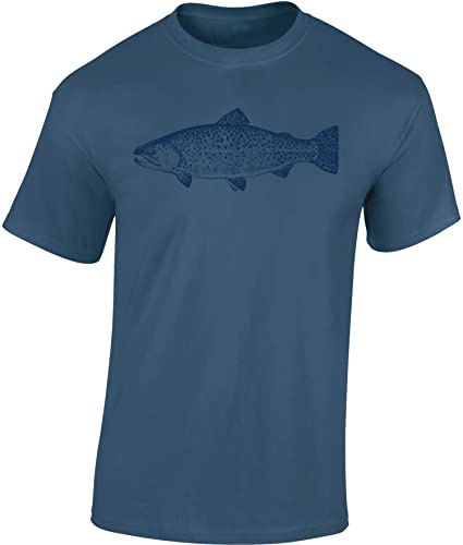 Baddery Angler T-Shirt Herren - „Forelle“ - Angel Shirt für Männer - Angelkleidung (Blau L)
