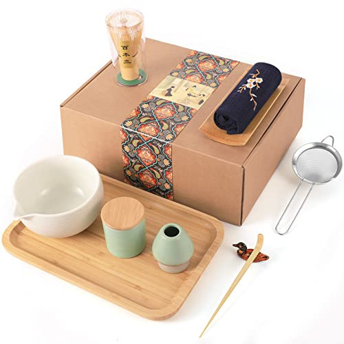 Artcome Juego de té matcha japonés, cuenco de matcha con boquilla de vertido, bandeja de té, batidor de matcha, soporte de batidor de cerámica, organizador de polvo de matcha, kit de ceremonia de