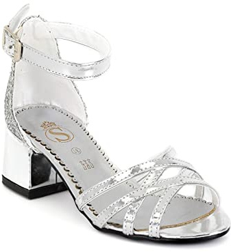 SIRRI Sandales à bout ouvert pour filles avec bride à la cheville et talon bloc en argent taille 31