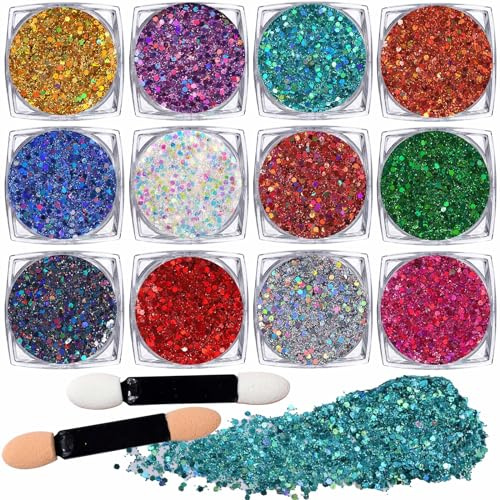 LEOBRO 12Pcs Body & Hair Glitter Gel - Festival Sequins for Face, Body, Hair & Eye - 1MM/0.1MM