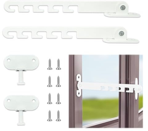 Fensterfeststeller Set, 2 Stück Fensterstopper, Fenster Kipp Regler,Kippfenster Feststeller Metall,Zuschlagschutz Fensterriegel Kippfensterschutz mit Schrauben,zum Einstellen Der Fensteröffnung(Weiß)