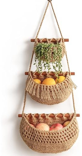 Felenny Corbeille à fruits à suspendre à 3 niveaux en jute tissée pour produits et légumes à suspendre sur la porte de la cuisine ou de la chambre à coucher