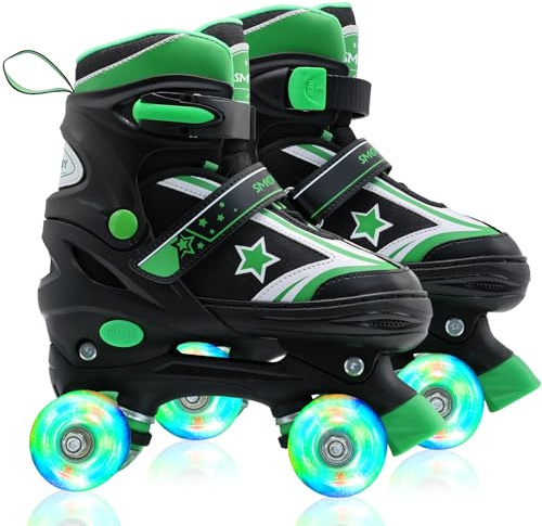 SMOOJOY Roller Skates for Kids Boys and Girls with Light-Up Wheels 4 Size Adjustable Green Rollerskates Shoes for Youth and Women Ages 5-8 Children's Birthday Gift