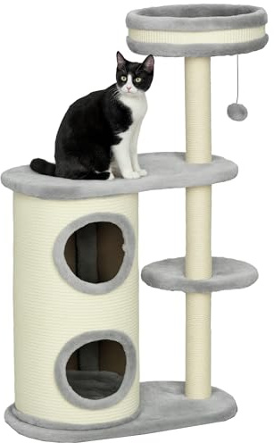 PawHut Kratzbaum 100 cm Katzenturm mit Kratztonne, Spielball, Sisalstämme, große Plattform, mehrstöckiger Katzenkratzbaum mit Kissen, Kletterbaum, für Katzen unter 5 kg, Grau