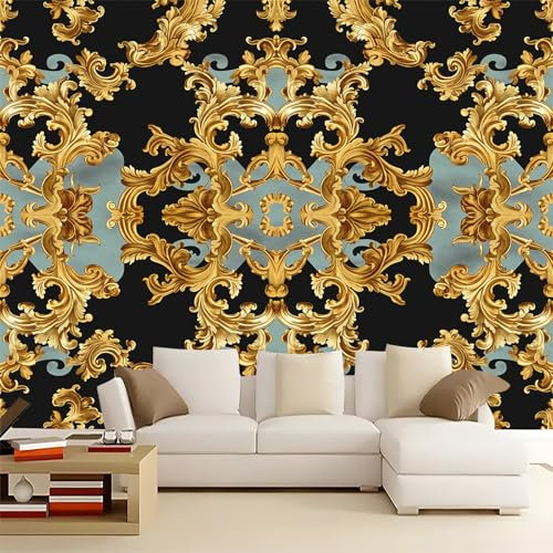 Mural de papel tapiz patrón barroco, Negro Oro Mural de papel tapiz Fotomural 300 x 210 cmMurales de diseño moderno para sala de estar, dormitorio, papel tapiz