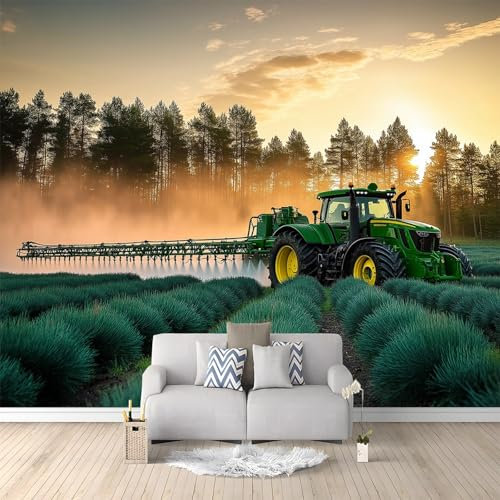Papier Peint Intissé Tracteur Agricole Au Coucher Du Soleil 200x140 cm Panoramique Moderne, Tableaux Muraux Tapisserie Photo, Papier Peint Mural pour Salon, Chambre, Fond Décor TV