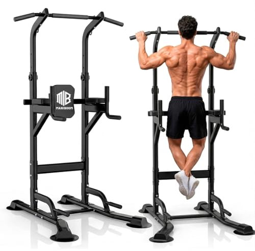 ManiBoom Estación de Dominadas ROCA SÓLIDA Soporta 220KG - Torre de Musculación Ajustable (165-235cm) con Base Anti-Vuelco Extendida - Power Tower para Calistenia, Fondos y Abdominales en Casa