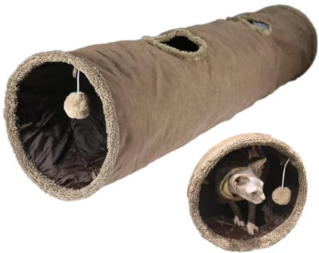ZYYRSS Collapsible Cat Tunnel Toy, 30x130cm Cat Play Tunnel, Cat Plush Collapsible Tunnel with 2 Holes and Suspended Ball Cat Toy for Indoor Kittens, Puppies, Bunnies, Rabbits and Small Dogs (Brown)