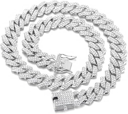 QEXUJOW Colliers pour homme,Chaîne cubaine de 50 cm, collier chaîne cubaine, chaîne de glace, collier incrusté de strass, bijoux punk hip hop, bijoux hip hop unisexe