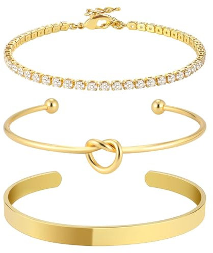 ARROMI 3 Stück Armreif Gold, Armreifen Gold Damen, Armband Damen Gold, Armreifen Set Gold Armband Schmuck für Damen, Armband Kette Stapelarmbänder Schmuck Gold für Damen Verstellbares Schmuckset