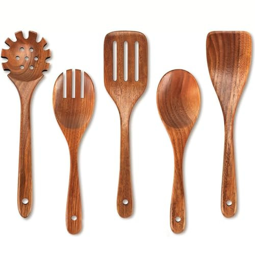Wood Kitchen Utensils Set, 5 PCs Natural Acacia Wooden Spoons For Cooking, Wood Cooking Utensils Set, including Non-Stick Wooden Salad Fork, Salad Spoon, Frying Spatula, Slotted Spatula, Pasta Spoon