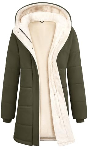 CMTOP Blouson Femme Hiver Polaire Chaude Veste Hydrofuge Coupe-Vent Manteau Long à Capuche Peluche Thermique Matelassée Manteaux Zippé Elegant Parka Outercoat avec Poches(Vert Militaire,L)