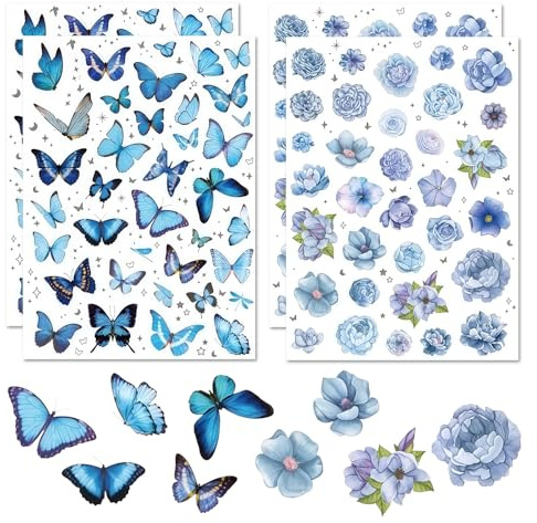 Auroriel 4 Hojas con Flores y Mariposas Adhesivas, Ideal para Niños y Adultos, Stickers Temáticos de Primavera para Scrapbook, Set de Adhesivos para Decoración DIY (Azul)