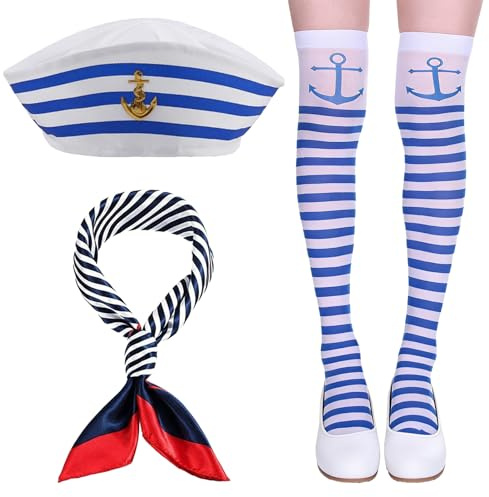 CXNXFD Conjunto de disfraz de marinero, estilo marino con gorro de marinero, medias a rayas azules y blancas y bufanda de seda marina, juego de accesorios náuticos para disfraces
