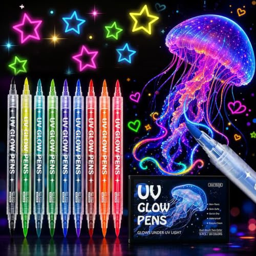 Juego de 18 colores neón UV con luz negra, 9 lápices de doble cara y pintura corporal, que brillan en la oscuridad, rotuladores fluorescentes, respetuosos con la piel y resistentes al agua para