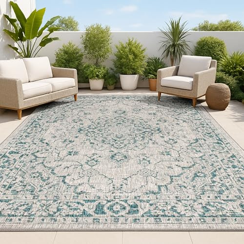 JONATHAN Y Boho Medallion Indoor Outdoor Area Rug 8X10 Gray/Teal, Rozetta Textured Weave for Backyard, Patio, Porch, Easy-Cleaning, High Traffic, Pet-Friendly, Non-Shedding (SMB102C-8)
