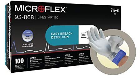 Ansell MicroFlex 93-868 Disposable Exam Gloves, LIFESTAR EC for First-Aid or Medical Uses, Dual Layer Protection, Single Use Chemical Resistant Glove, White, Size M (100 Gloves)