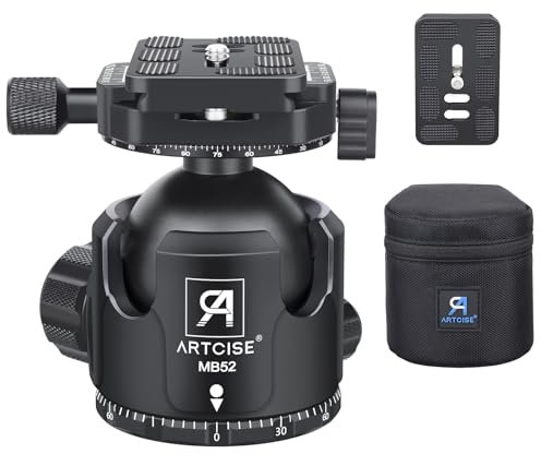 ARTCISE Rótula de Bola de Perfil bajo, MB52B Cabeza de trípode de 52 mm con 2 Piezas de 1/4 Arca Swiss Placa de liberación rápida para trípode, monopie, cámaras, DSLR, Carga máxima 30 kg
