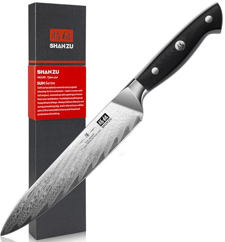 SHAN ZU Couteau Universel Damas Couteau de Chef 15cm Couteau de Cuisine Damas en Acier (AUS-10) Japonais, Poignée Ergonomique G10, Lame Tranchante - SUN Series