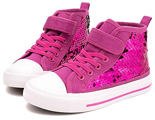 Toandon Girls Kids Canvas Shoes Sneakers for Toddler Color Change Flipping Sequins Glitter Sparkle Slip On High Top Adjustable Hook Loop Straps Velcro Non-Slip Lightweight Walking Pink Size 3