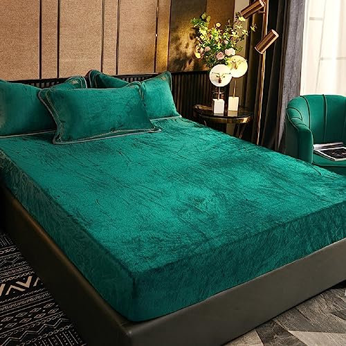 Luofanfei Dunkelgrüne Spannbettlaken 140x200 Grün Plüsch Winter Warme Bettlaken Boxspringbett Frottee Flanell Grüne Spannbetttücher 140 Uni Muster Leintuch für Hohe Matratze bis 25-30 cm