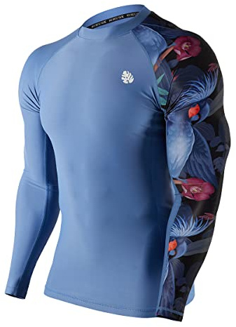 HUGE SPORTS Mens Rash Vest- Rash Guard Long Sleeve Quick Drying Wetsuit Swimming Top for Surfing BJJ Jiu Jitsu(Blue Bird,2XL)