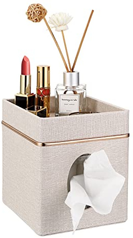 Sumnacon Leather Square Tissue Box Cover - Decorative Cube Tissue Box Holder with Tray, Stylish Facial Tissue Holder for Bathroom Vanity Dresser Table Home Office Bar Restaurant, Beige