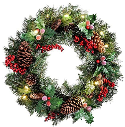 40cm Pre Lit Christmas Wreaths for Front Door with Lights, Light Up Artificial Wreaths for Window Fireplace Wall Decor Indoor Outdoor Home Christmas Decorations (16inch)