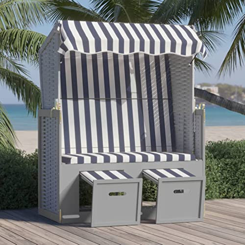 XIAOGUANG Strandkorb mit Dach, Strandkörbe, Roofed Beach Chairs, Strandkorb Für Draußen, Poly Rattan und Massivholz Blau & Weiß
