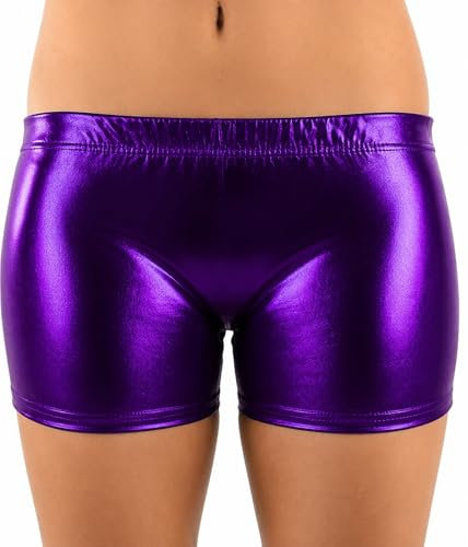 Women's Metallic Hot Pants Shorts Shiny Stretch Rave Disco Clubwear Bottoms (as8, Regular, Purple L/XL)