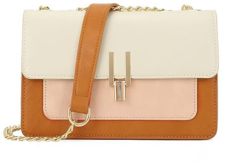 KL928 Umhängetasche Damen Kleine Handtasche PU Leder Crossbody bag damen Schultertasche mit Metall Schulterriemen (Brown+Pink+Beige)